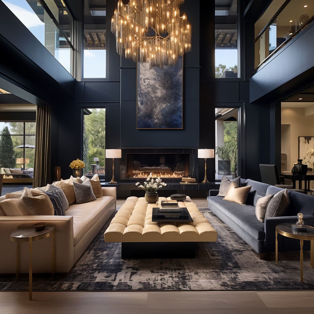 With its high ceiling and California-style flair, this living room exudes grandeur.