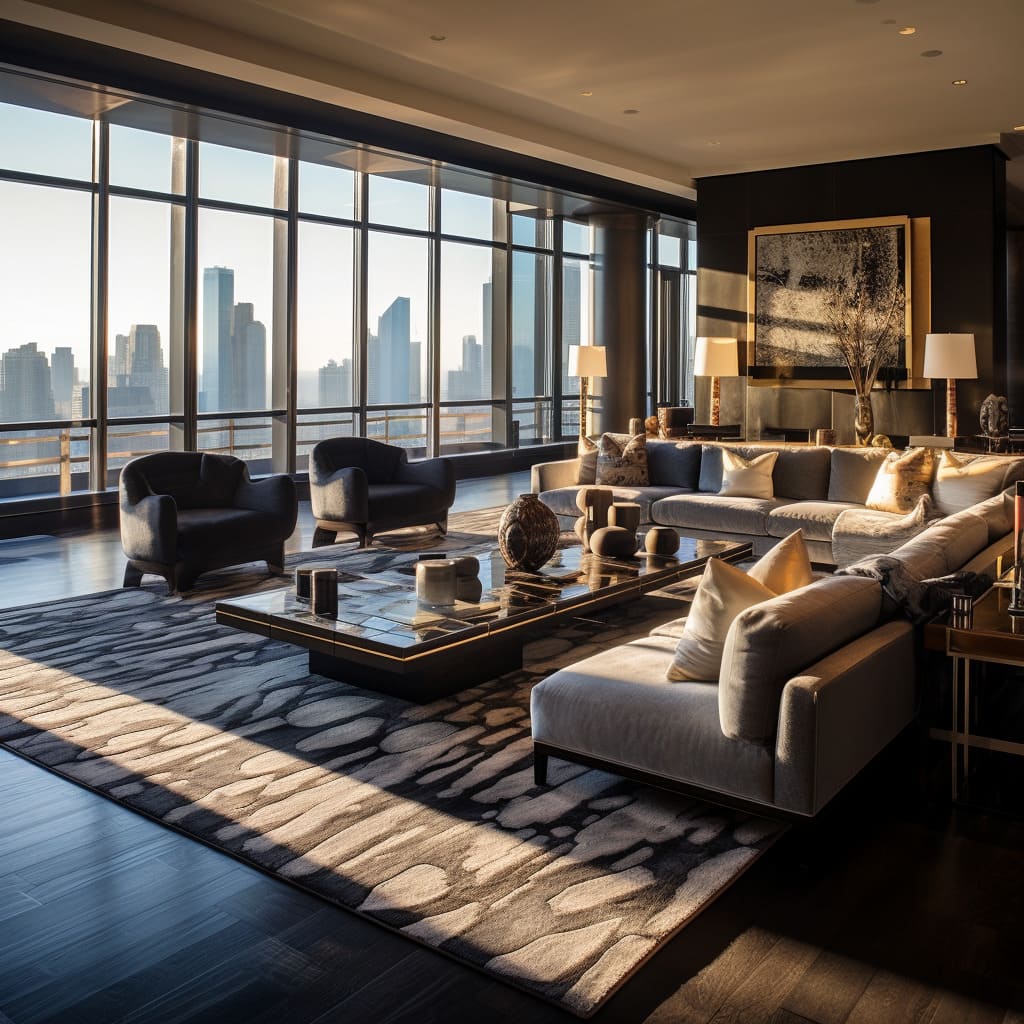 Wood flooring, metal frames, and organic warmth define the sleek urban edge of this metropolitan luxury