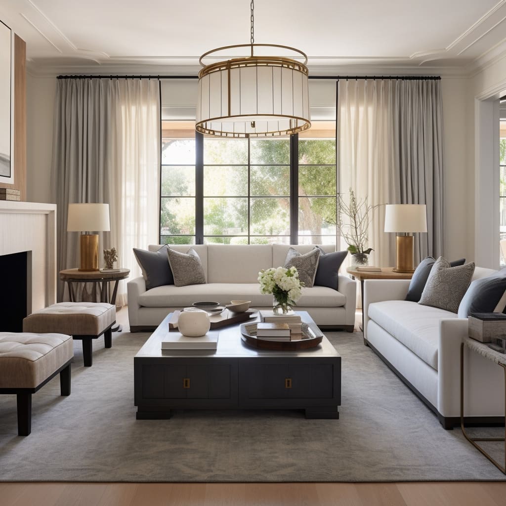 Wooden flooring in this American Transitional living room adds character and elegance.