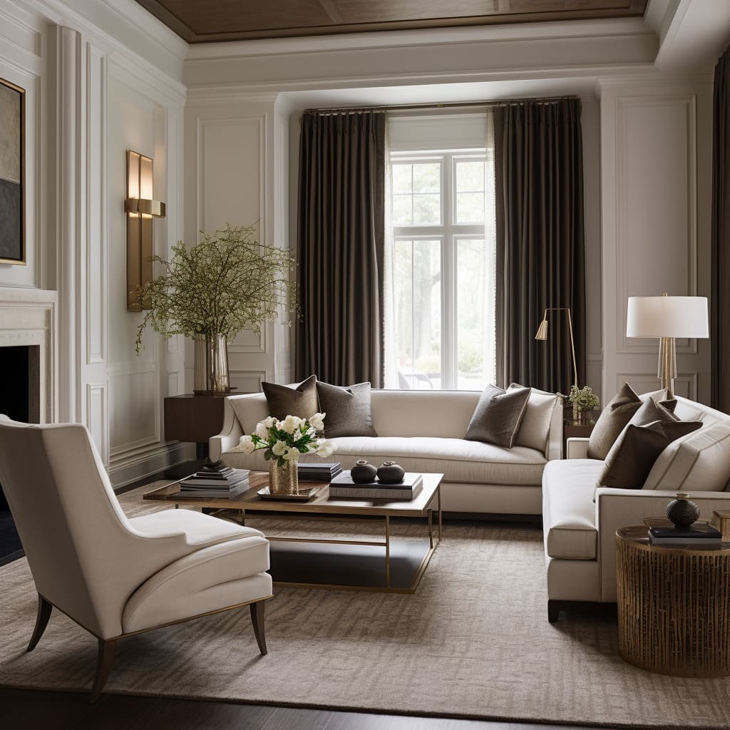 An American Transitional style living room enhances its warm and inviting ambiance.