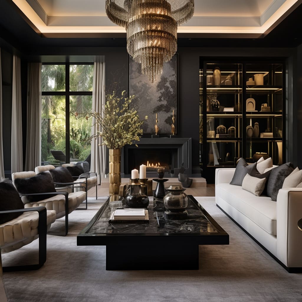 a contemporary parlor of this modern-style house, cutting-edge furnishings and fashionable decor create an impressive and inviting lounge.