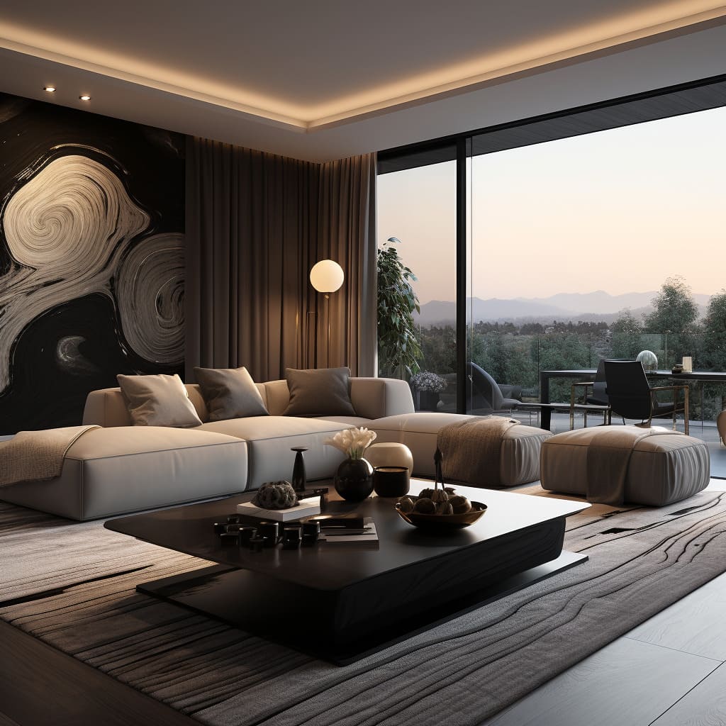 a grand living room of this chic house, contemporary design and modern furnishings blend seamlessly to create an extravagant and lavish environment.