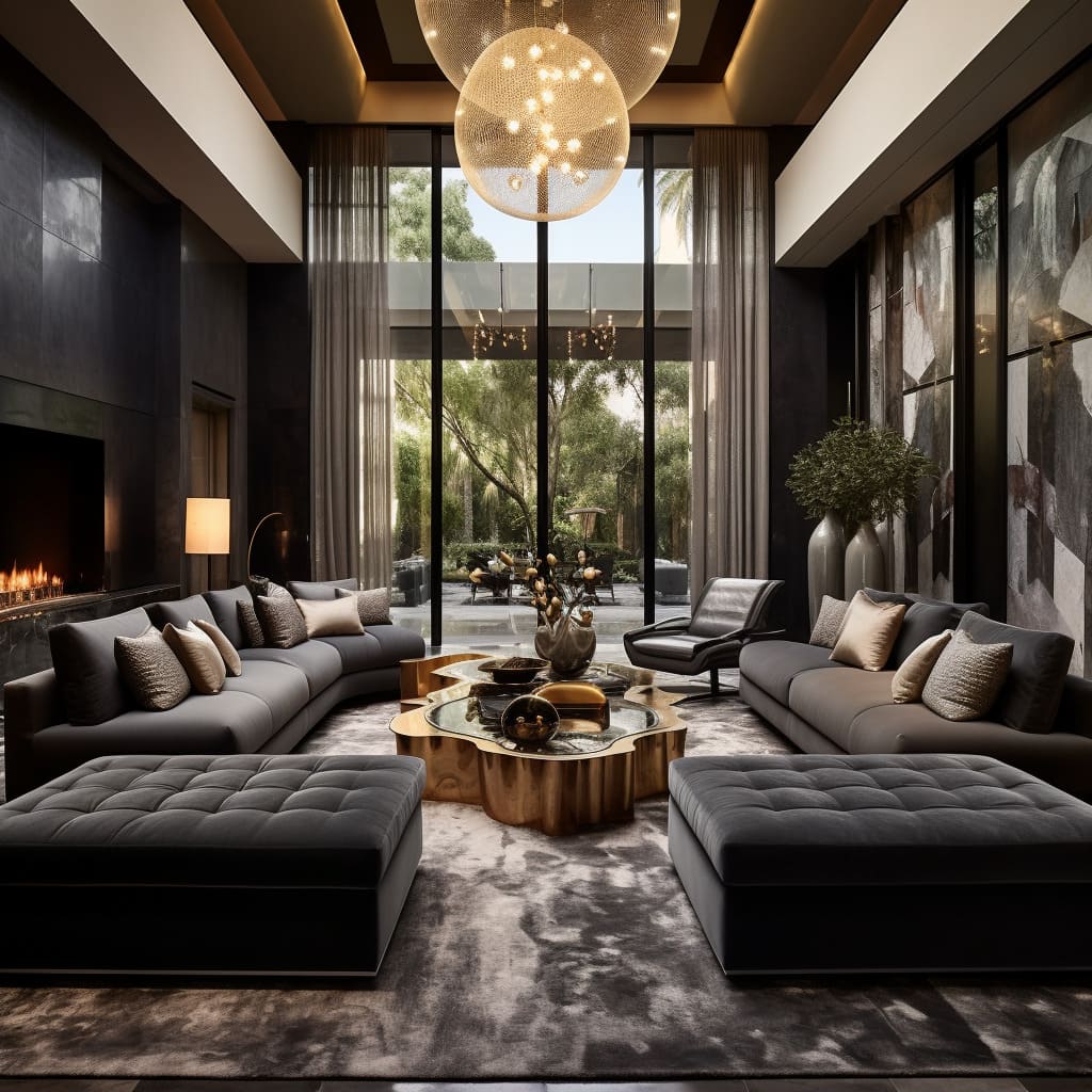 a grand living room of this chic house, contemporary design and modern furnishings come together to create an extravagant and lavish environment.