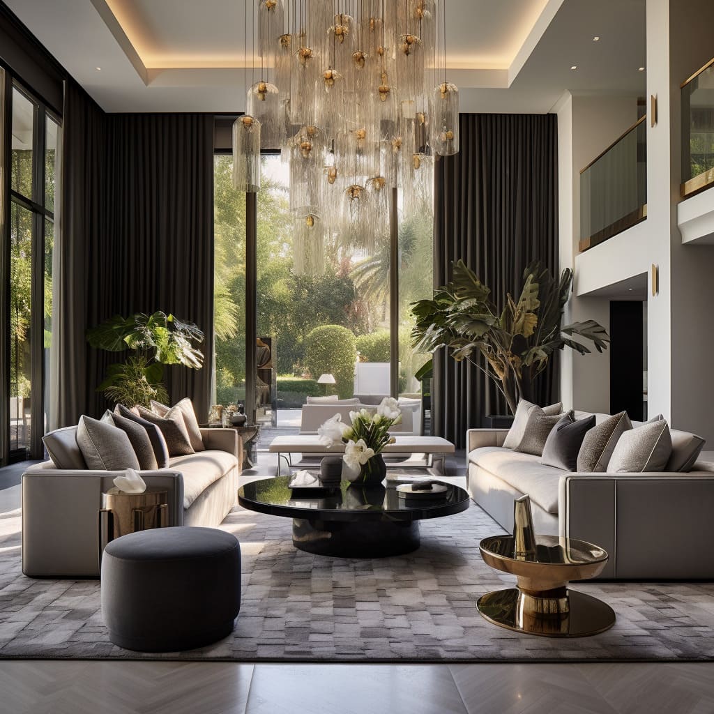 a large living room features a harmonious blend of modern luxury, evoking a sense of opulence and elegance.