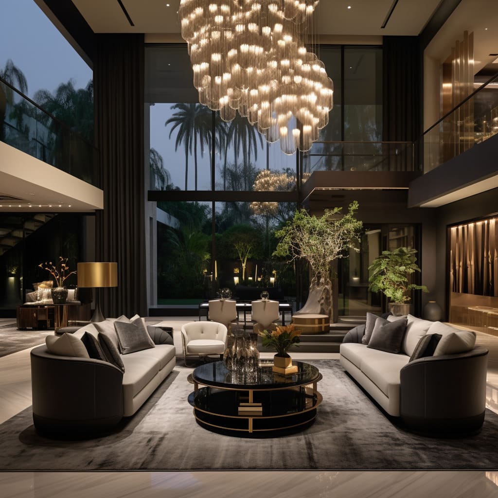 a living room of this upscale residence, where exclusive features and cutting-edge technology result in an impressive and modern lounge.