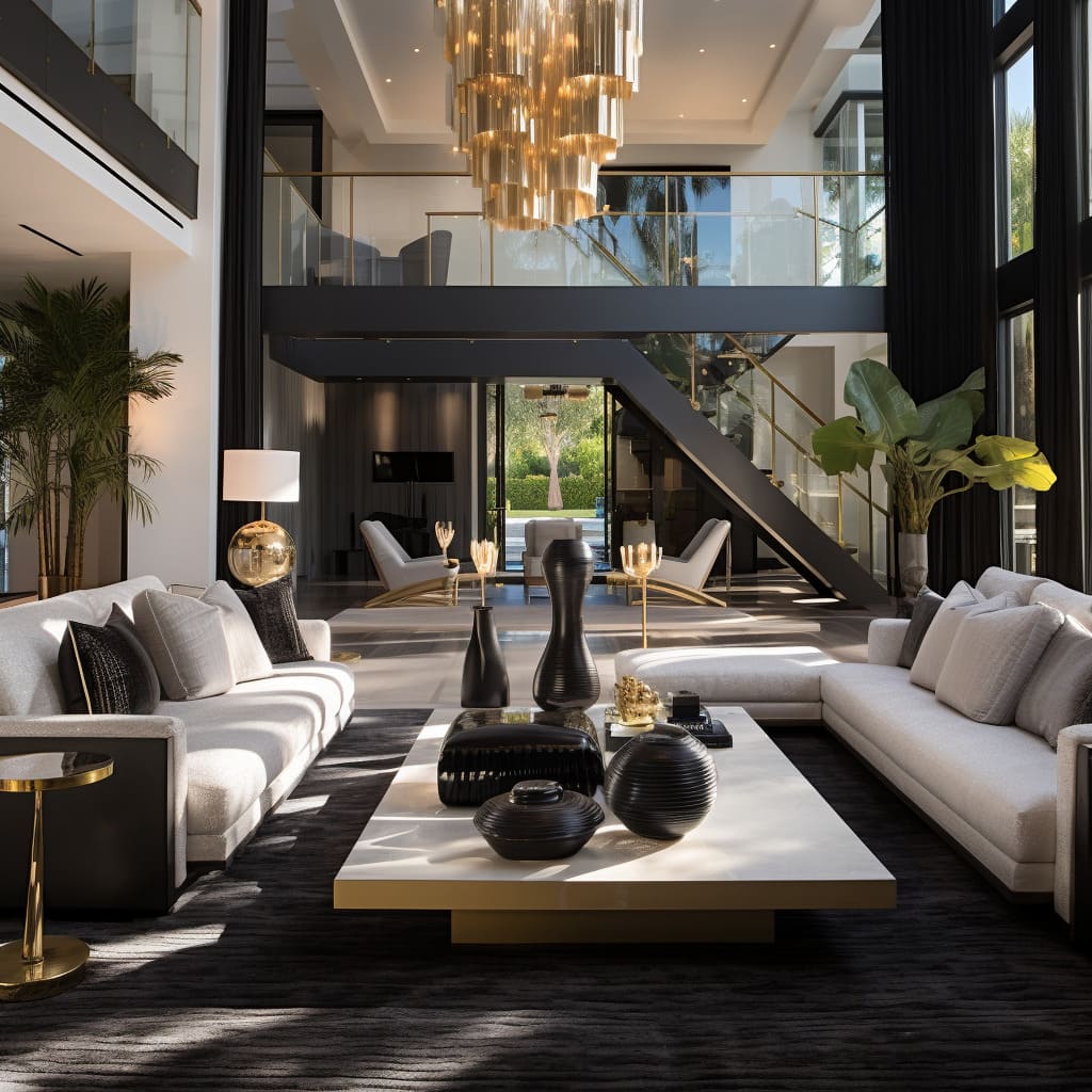 a lux gathering space of this large house, where the strategic use of furnishings and state-of-the-art decor creates an awesome and inviting lounge.