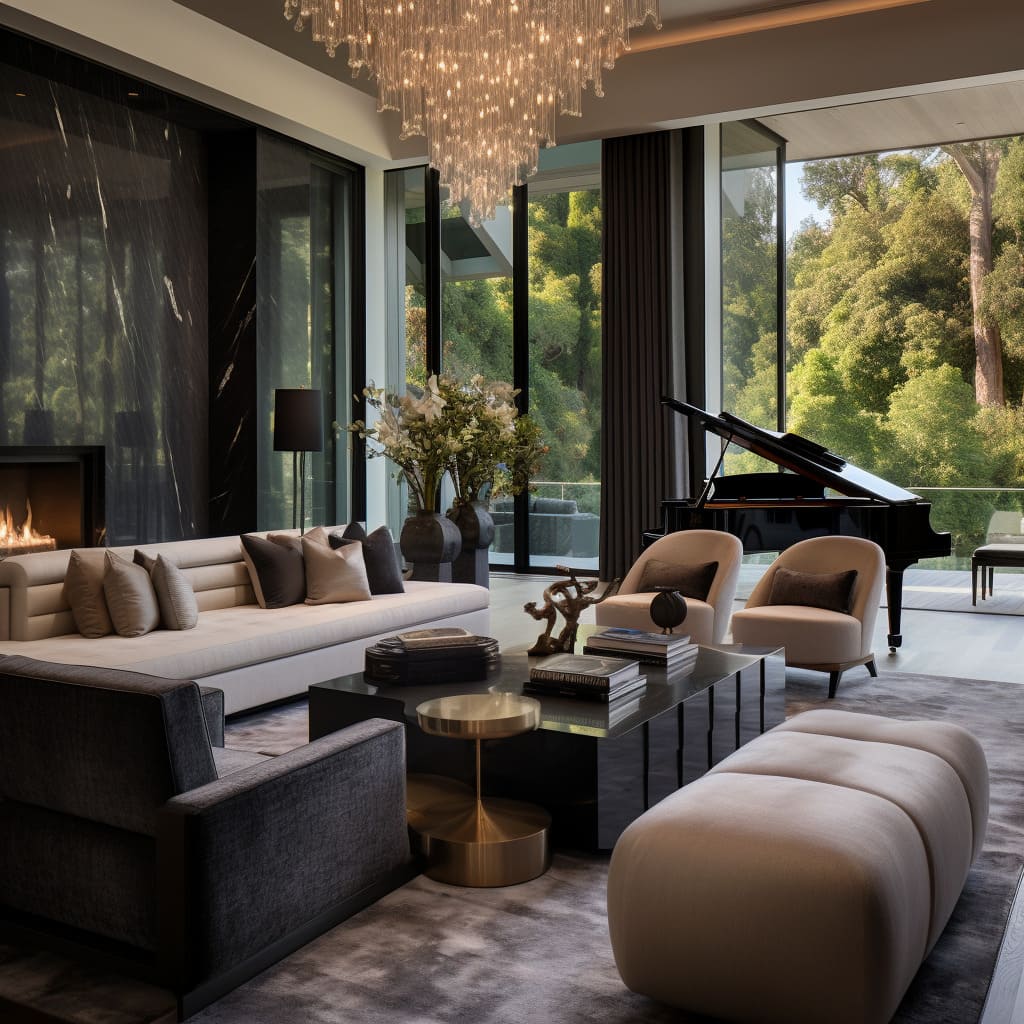 an oasis of elegant sophistication in this modern opulence living room, adorned with luxe decor and designer elegance.