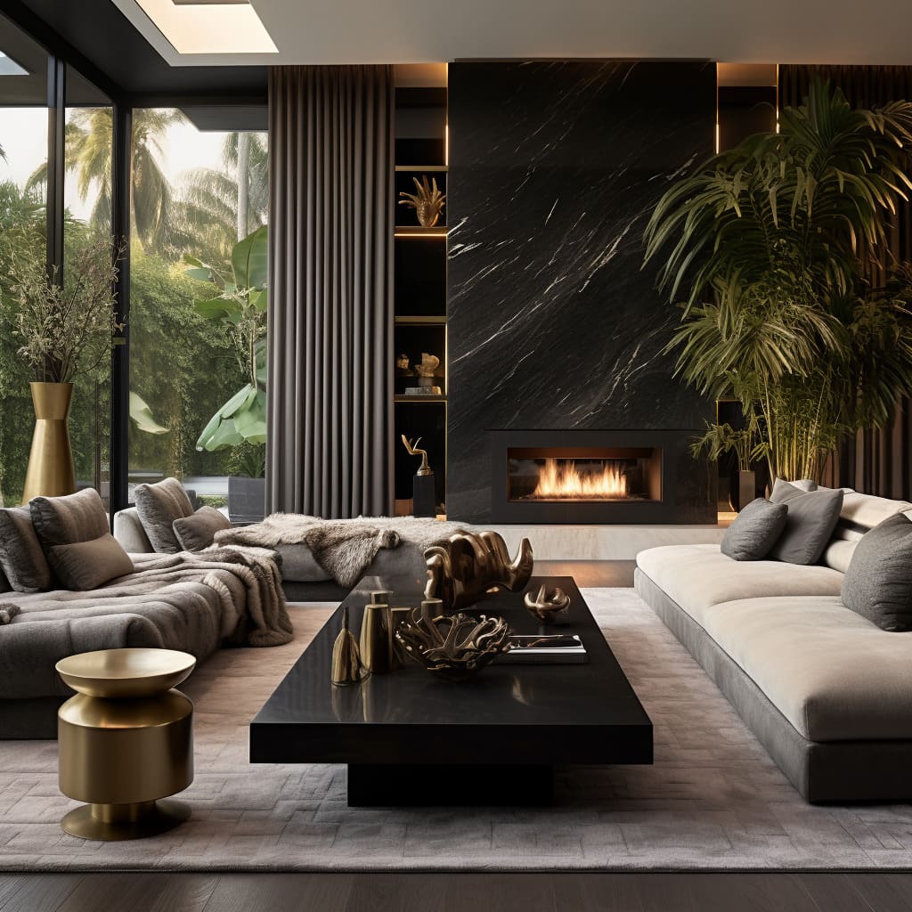 the designer living room of this extravagant residence, where chic elements and sophisticated touches result in an impressive and elegant lounge.