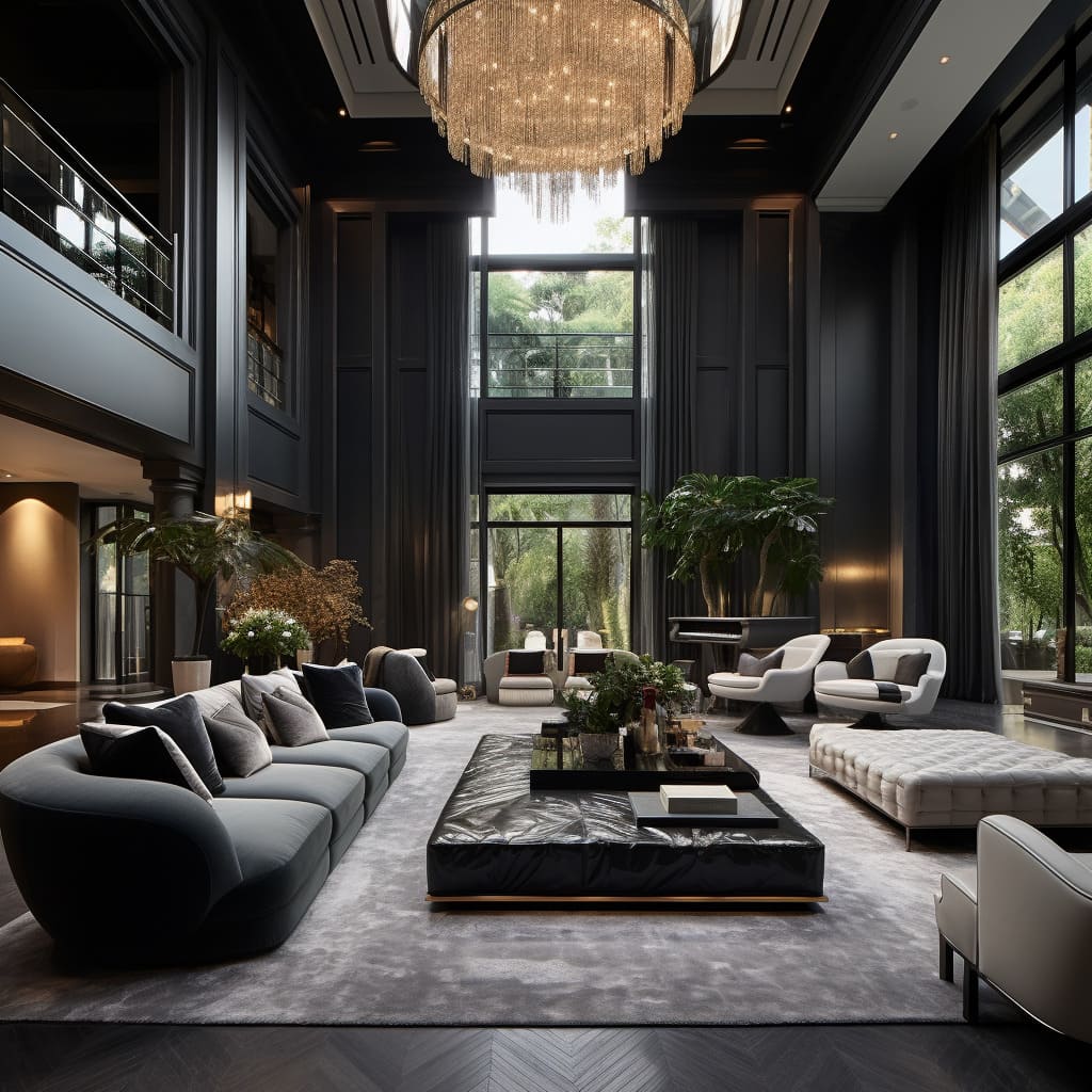 the extravagant living room of this upscale residence, where trendsetting elements and cutting-edge technology result in an impressive and luxurious lounge.