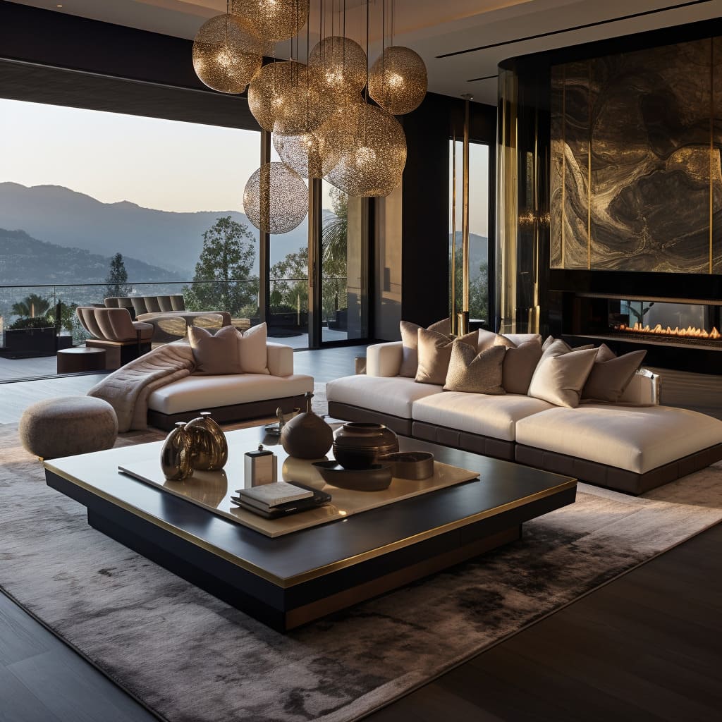the impressive family room of this contemporary home, where the strategic use of furnishings and state-of-the-art decor creates an awesome and inviting lounge.