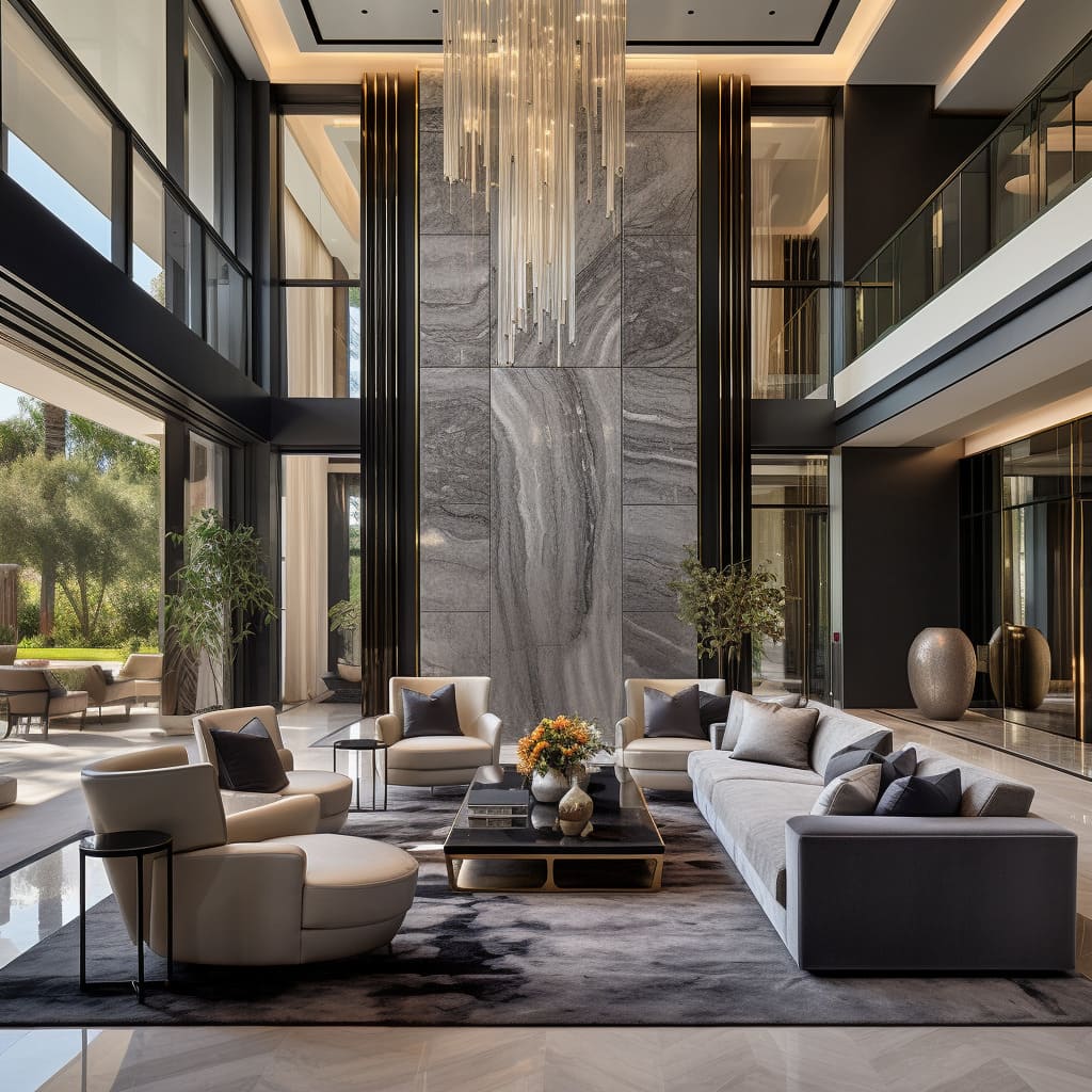 the luxurious living room of this extravagant residence, where cutting-edge technology and exclusive features result in an impressive and modern lounge.