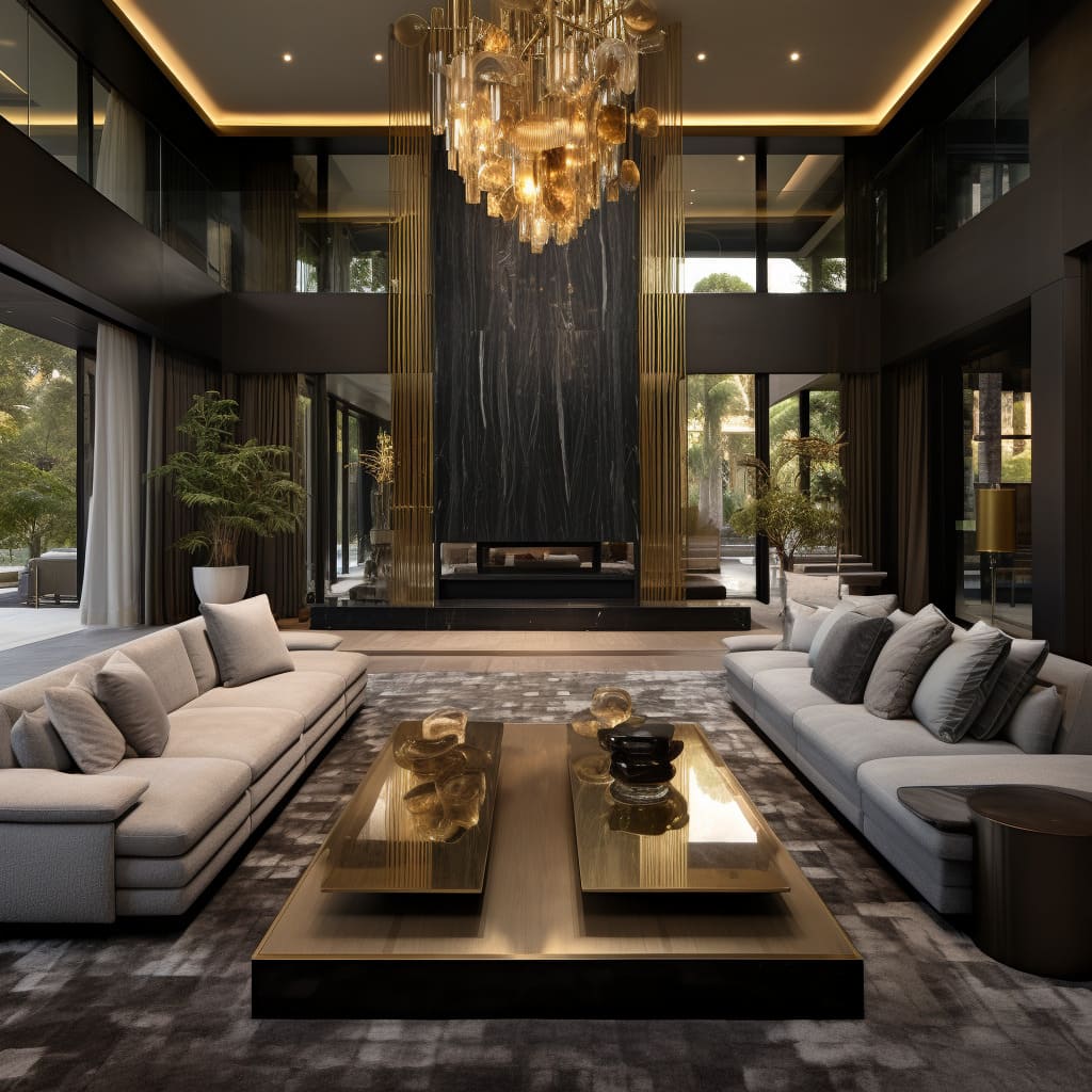 this large living room showcases a lavish approach, with exclusive features and sleek design choices that make it sophisticated and modern.