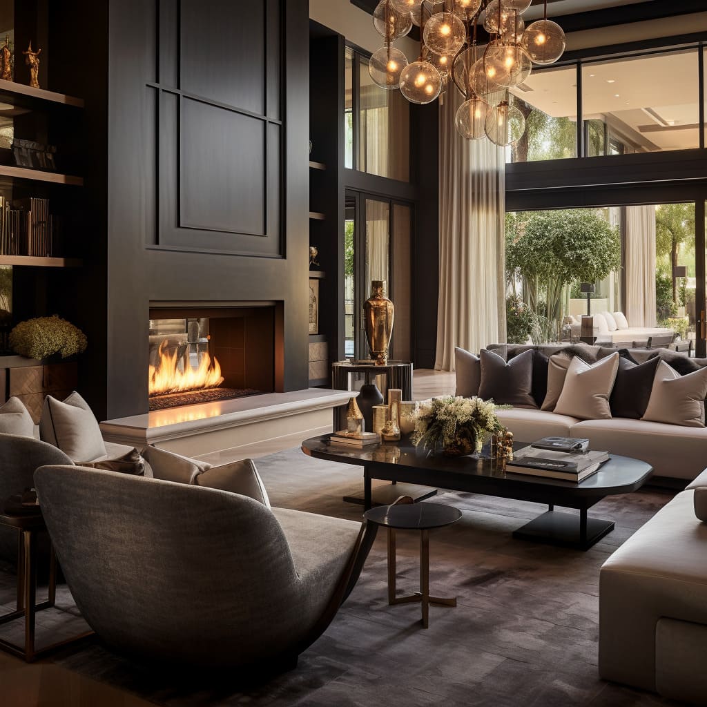 this living room's design, where every element contributes to its chic and sophisticated palette