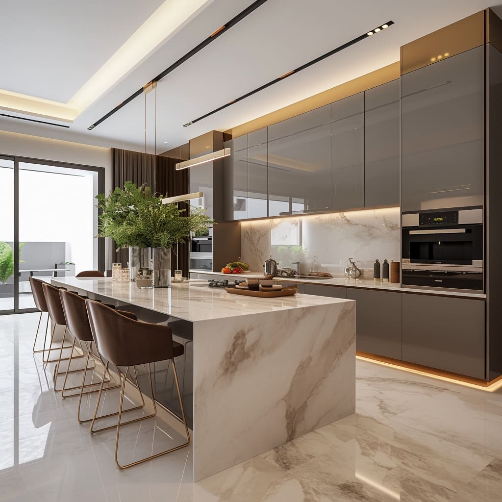 A bright and airy kitchen with glossy wall finishes and large-format tiles