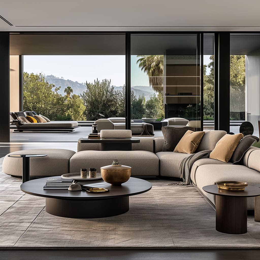 A chic living room with a leather sofa, blending luxury with minimalist design