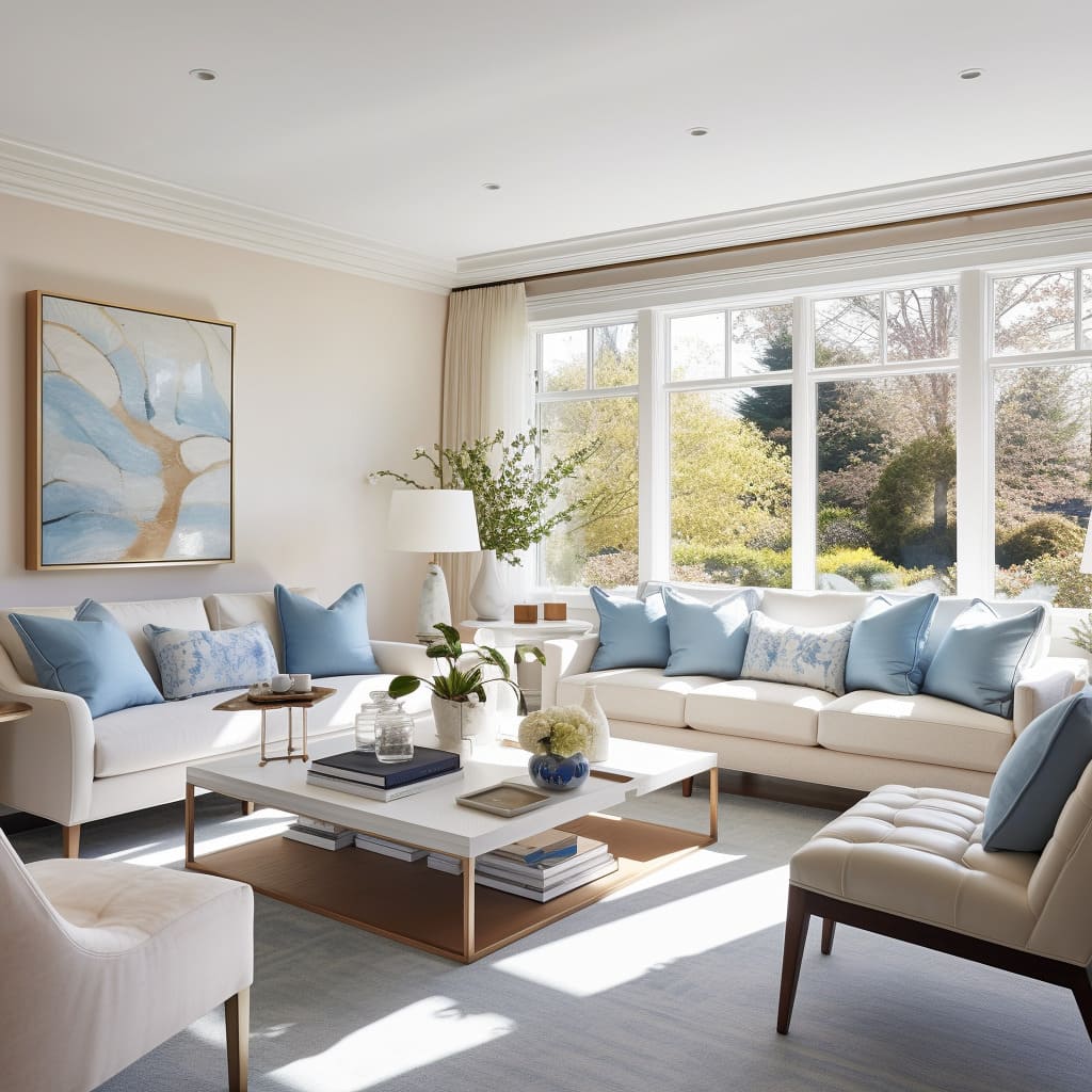 A contemporary drawing room with modern interior design features elegant furnishings and a neutral color palette for a chic and sophisticated look