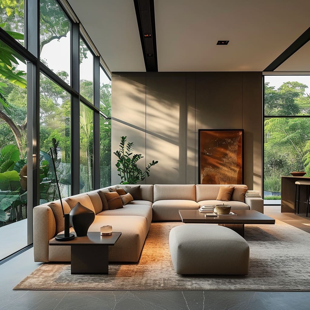 A contemporary living room with a minimalist style, high ceilings, and modern interiors