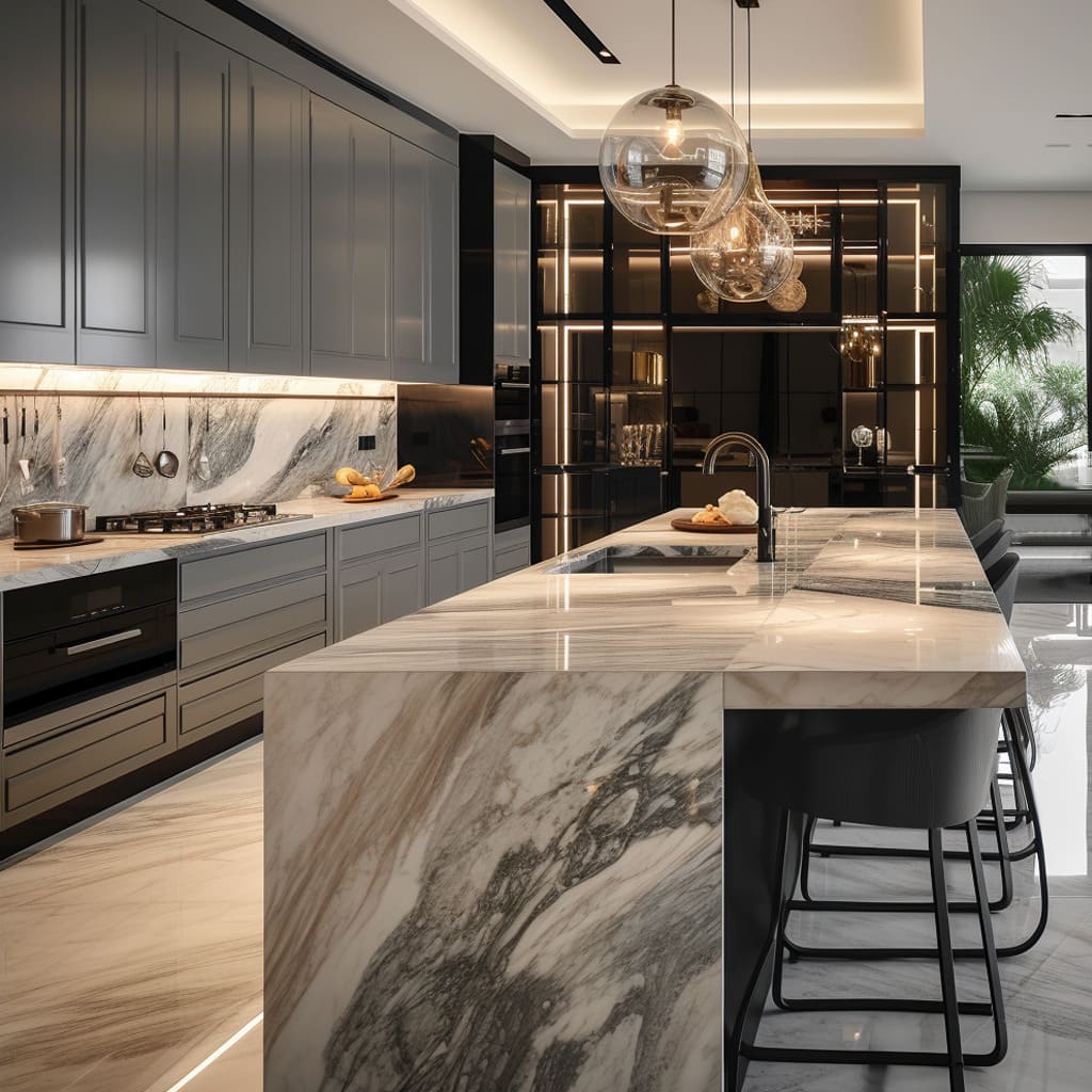 A cooking area interior design with bold monochrome elegance