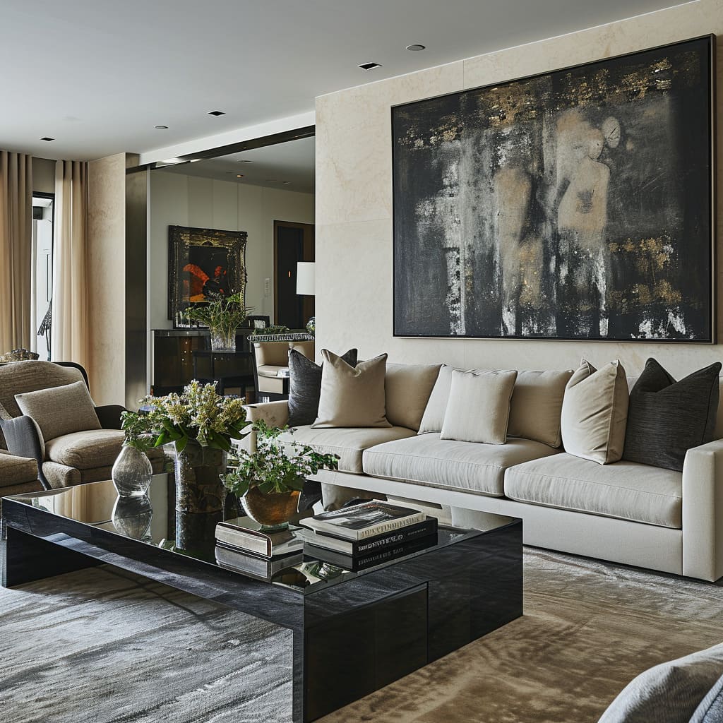 A drawing room showcasing a diverse material selection, from wood to metal accents