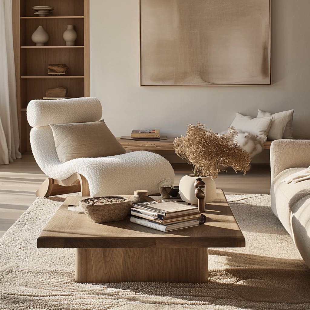 A large modern living room with minimalist furniture pieces that emphasize refined simplicity