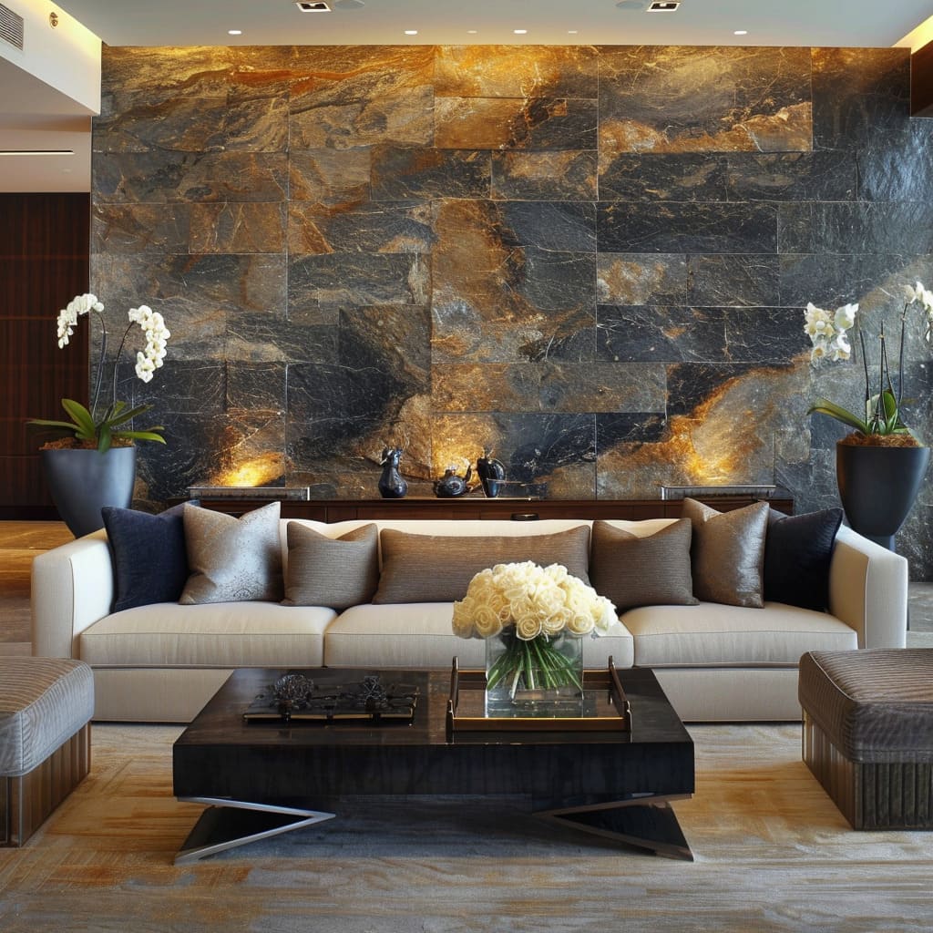 A living area with the opulence of dark marble and light stones, creating a luxurious and timeless elegance