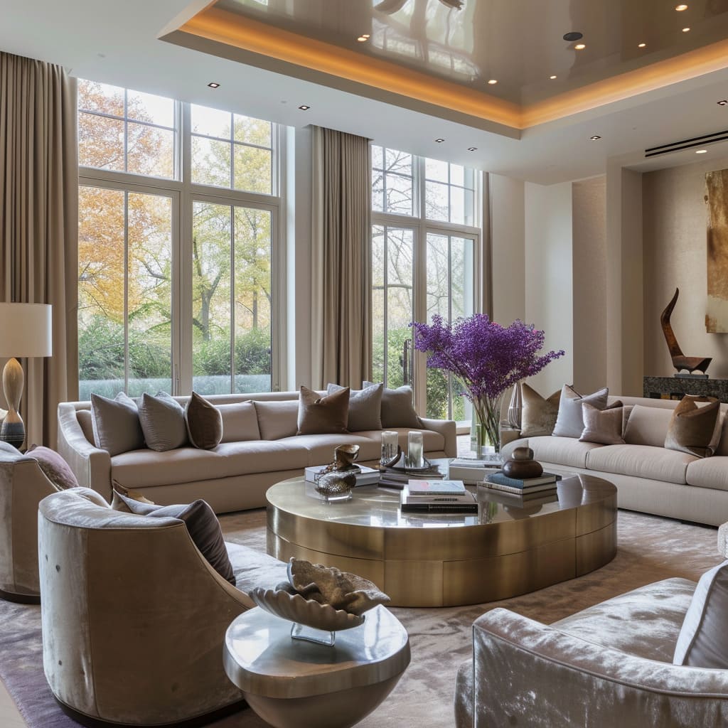 A living room layout with elegant drapery and contemporary classics