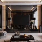 A living room with a designer TV wall unit with amazing mirror finish