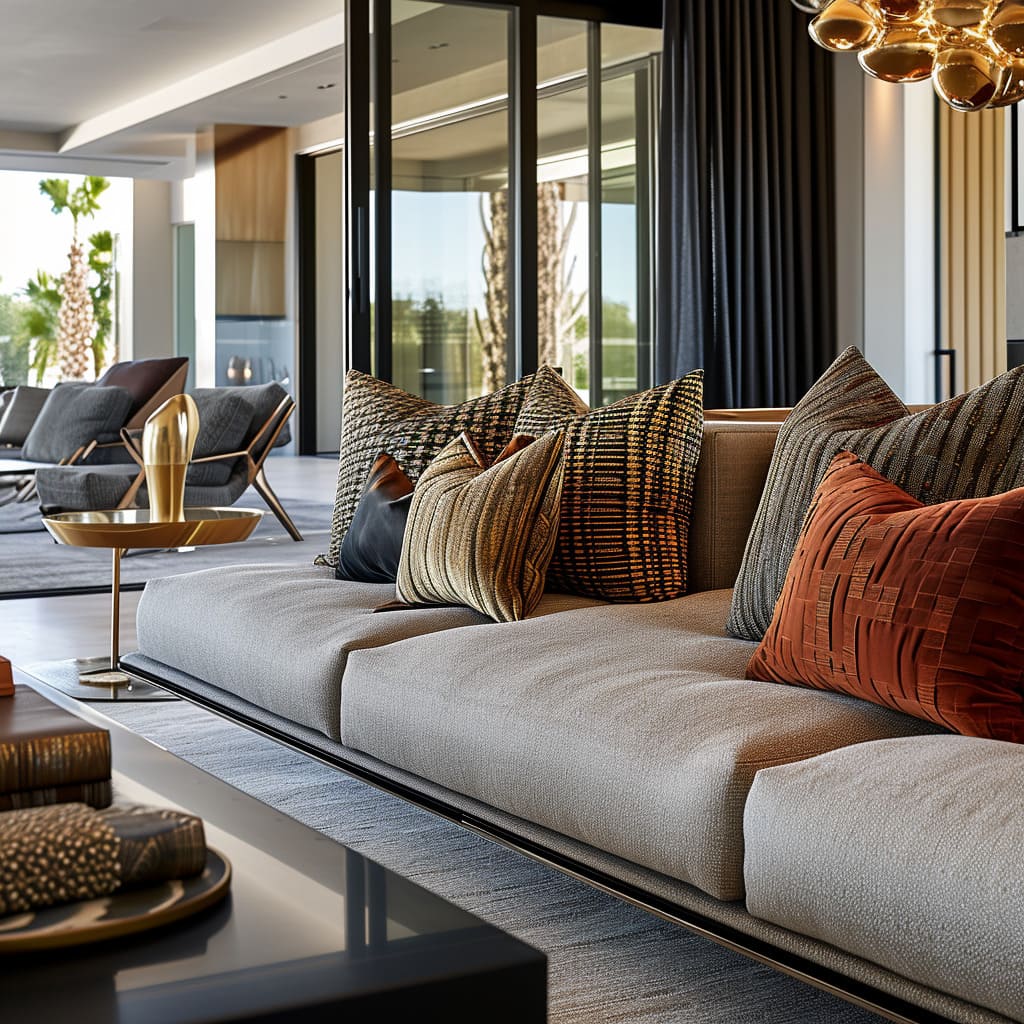 A living room with modern design elements that exude elegance