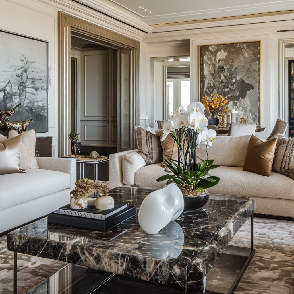 A living room with opulent gold accents and plush velvet sofas