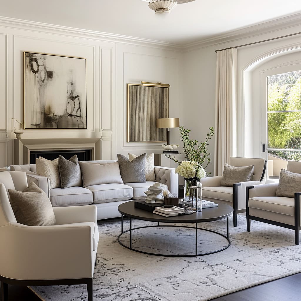 A living room's timeless appeal and decorative balance offer design integration