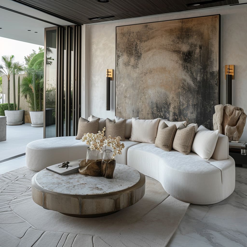 A marble-top end table and curved sofa add a modern flair to the room, complementing the simple decor