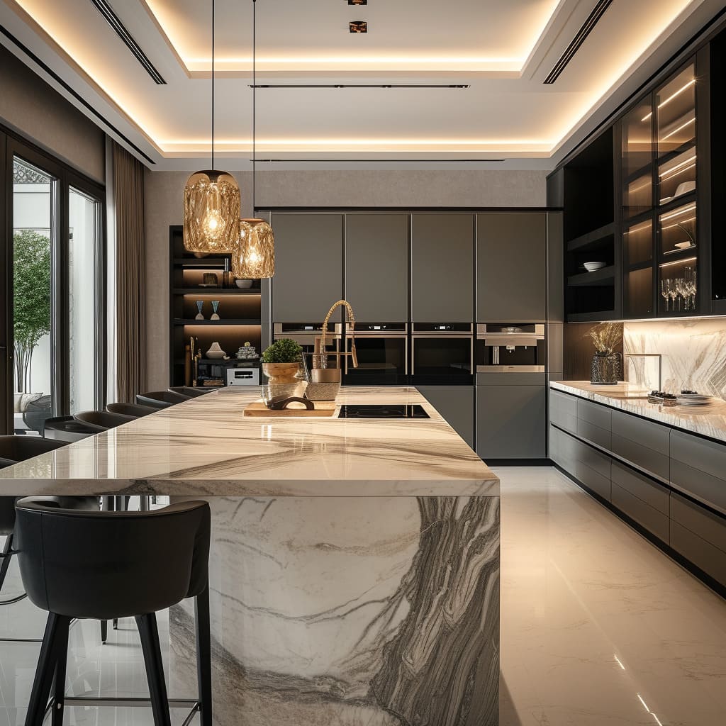 A minimalist and opulent kitchen ambiance with coordinated seating and marble countertops