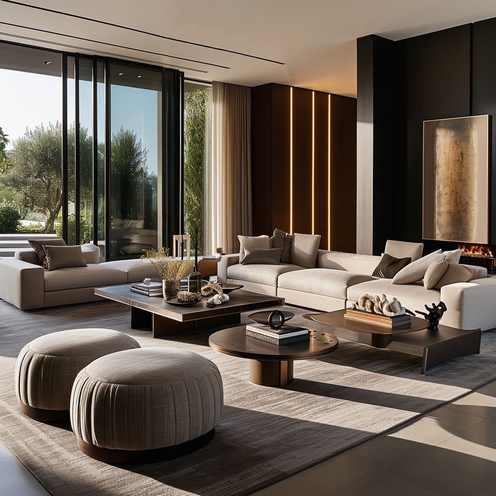 A modern family space with sleek furniture and high-tech features for a functional and luxurious feel