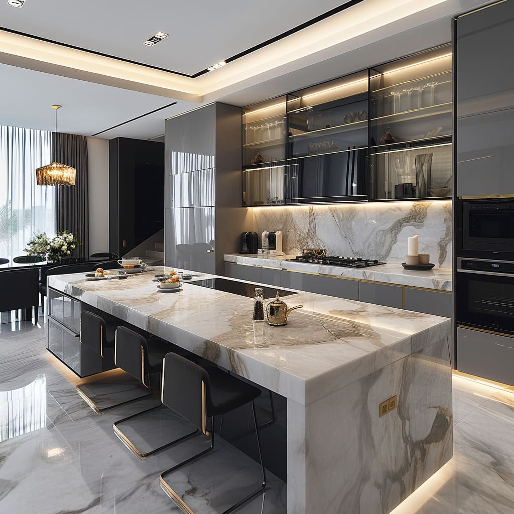 A modern kitchen design with opulent interiors featuring luxury kitchens and marble countertops