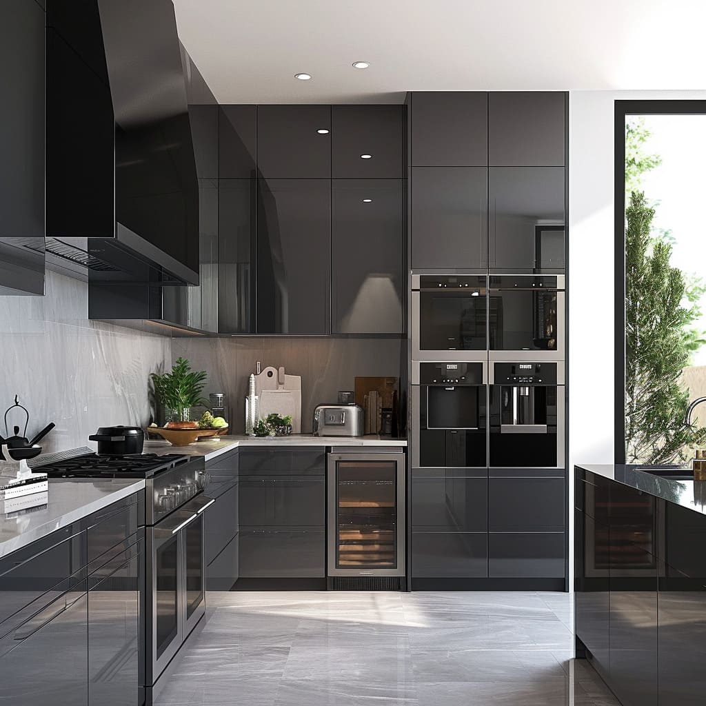 A modern kitchen with sleek wood cabinetry and marble countertops exudes contemporary design