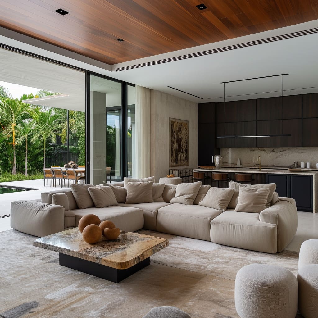 A monochromatic color scheme enhances the sleek and clean lines of this refined living area