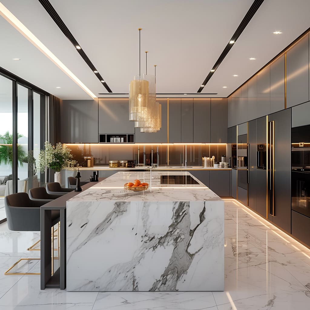 A monochromatic palette with gray tones and black accents in your luxury kitchen
