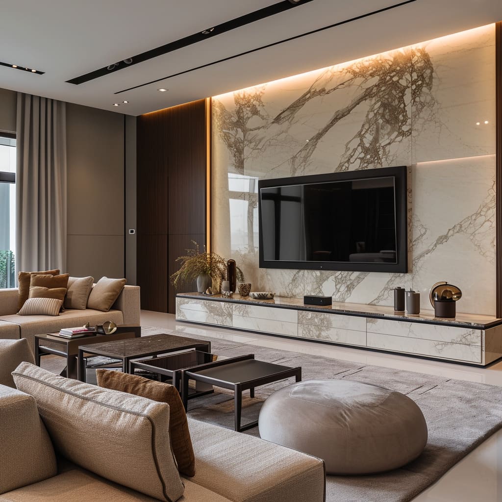 A pouf enhances the comfort of the living area in this modern home lounge room, where the design ethos is influenced by professional designers and current interior tren