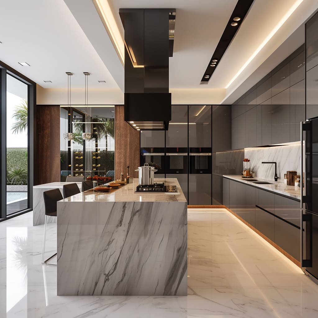 A sophisticated kitchen ambiance with gray tones and black accents in a monochromatic palette