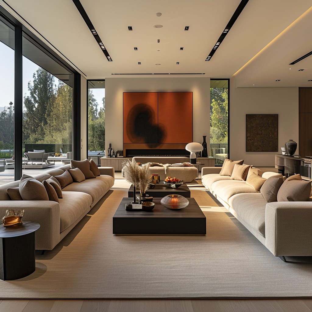 A sophisticated palette adds to the contemporary zen atmosphere, reflecting minimalist mastery in the living room