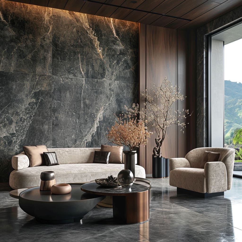 A space with the rich texture of dark stones and plush furniture, blending seamlessly with natural materials