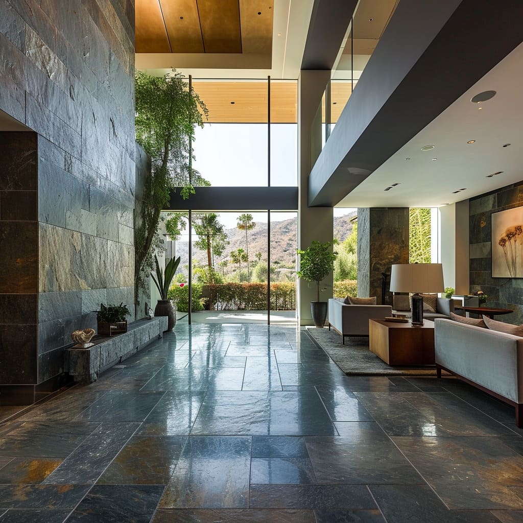 A spatial ambiance with a blend of natural stones and strategically placed lighting fixtures