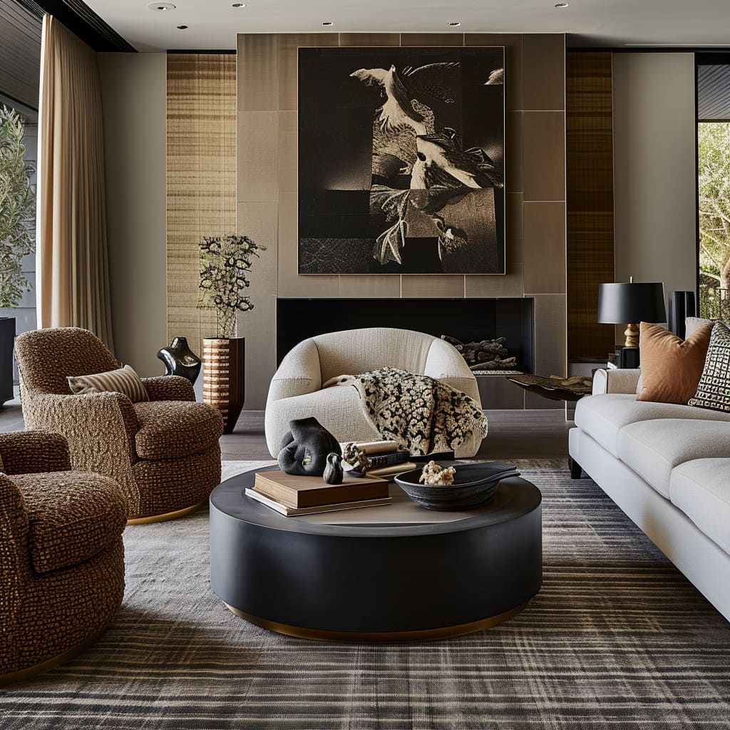 A stylish functionality of the contemporary living room is enhanced by the carefully chosen furniture pieces