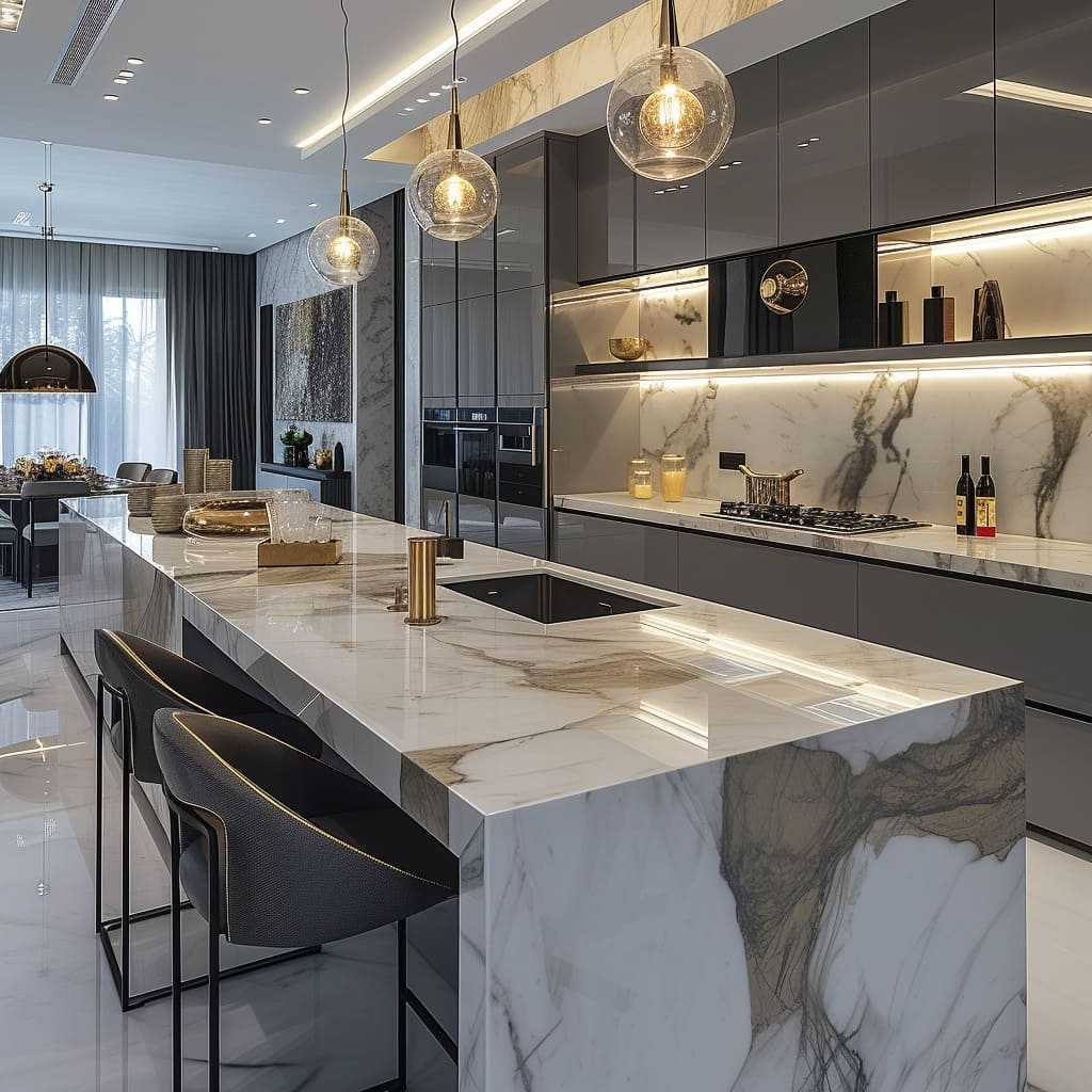 A timeless kitchen with sleek cabinetry, high-gloss finishes, and matte textures