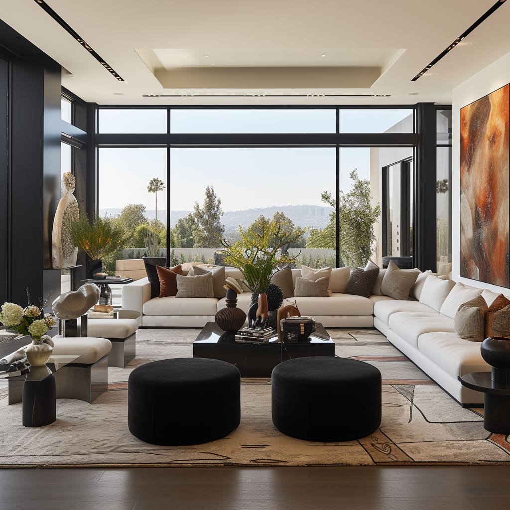 A unique contemporary luxury family space with black accent living spaces is the epitome of style