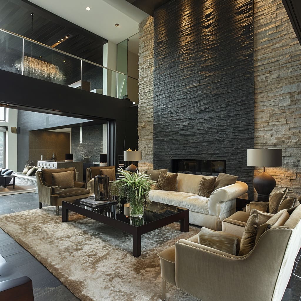 A warm space with combining plush furniture with dark and light stones, achieving a harmonious design