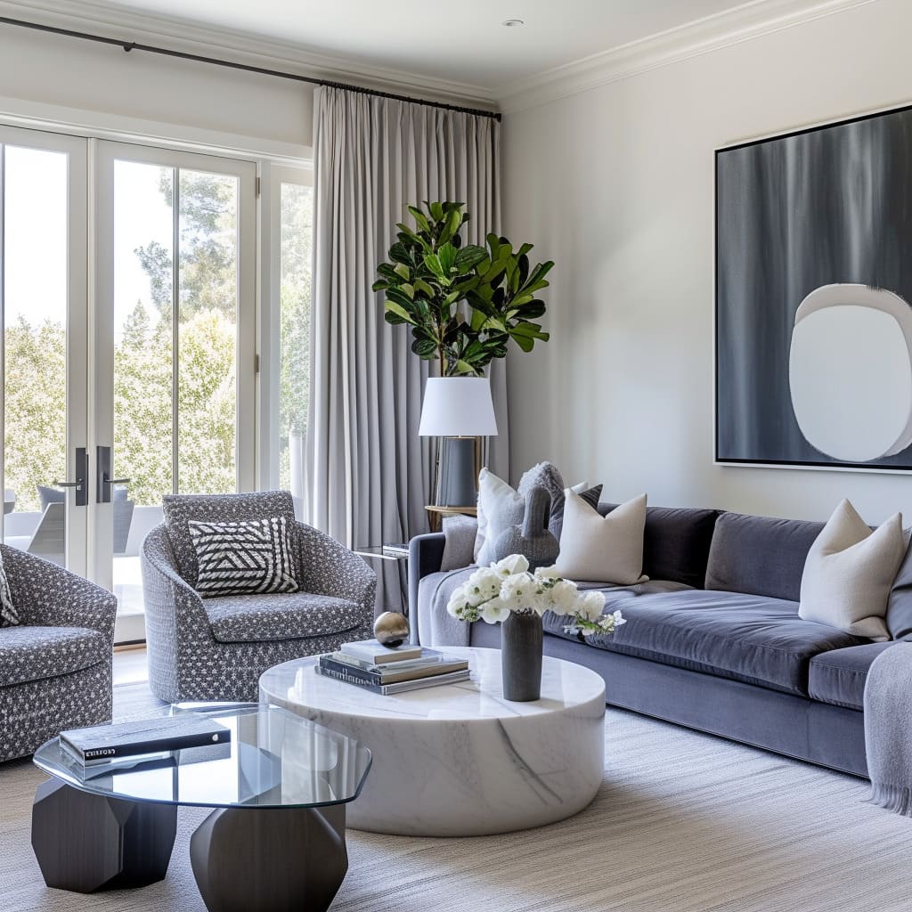 Accent colors seamlessly integrate through lighting design and decor in this modern family room with a neutral palette