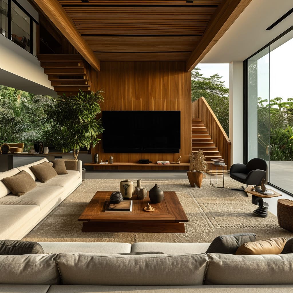 Amazing woodwork and sculptural lighting fixtures elevate the overall look of this living room