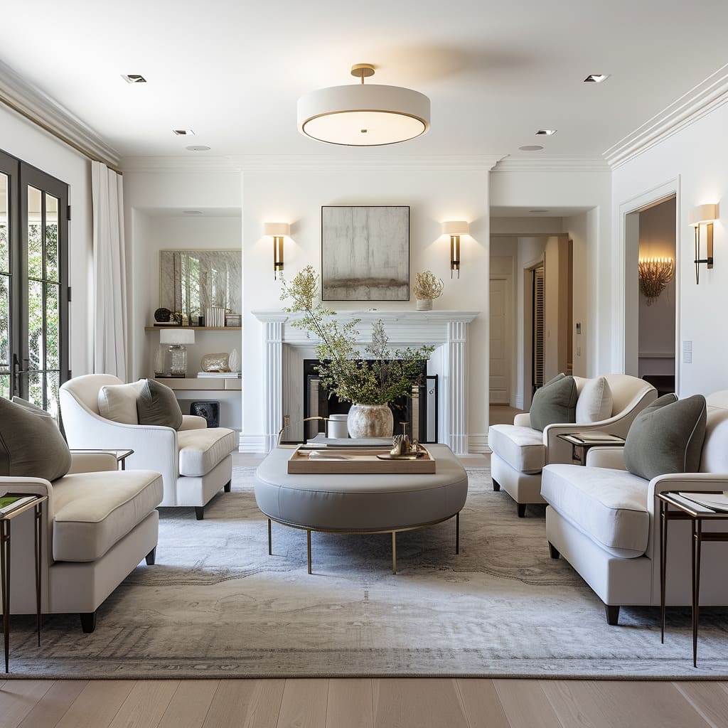 American transitional living room interior design combines functional elegance with classic nuances