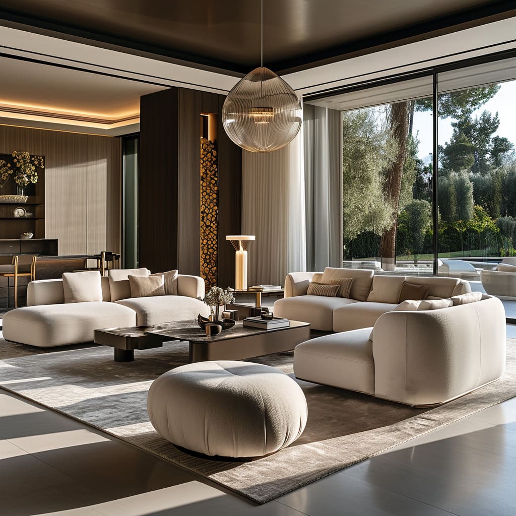 An aesthetically pleasing living room, seamlessly integrating technology for modern living